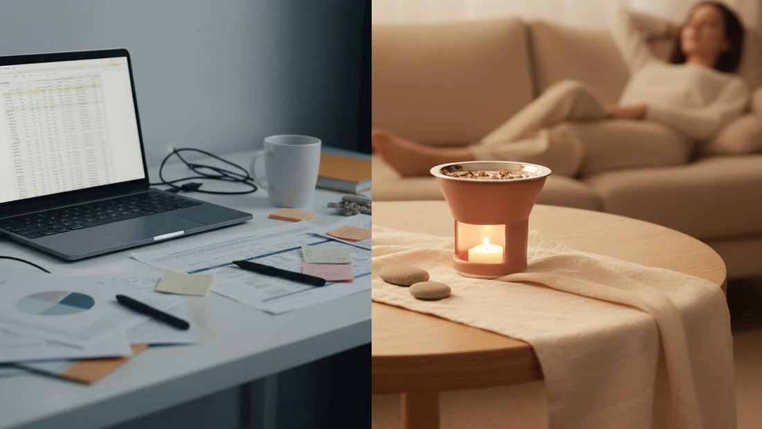 Warm indoor lamp beside stacked notebooks